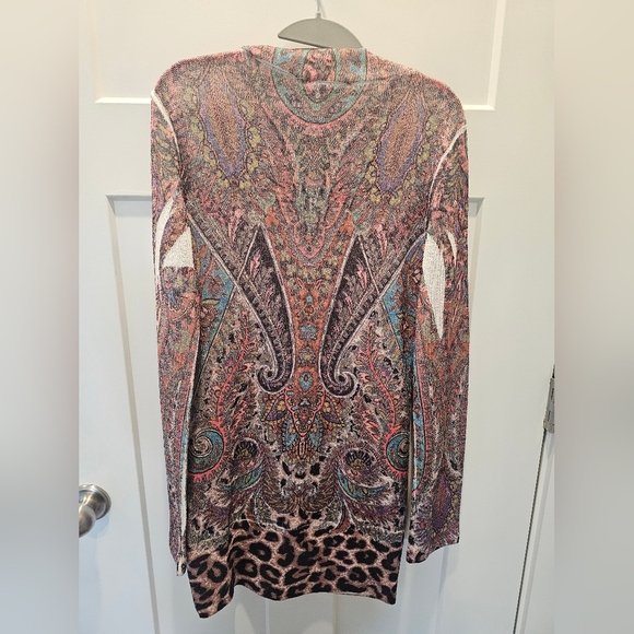 Boho Paisley Leopard Print Knit Mini Dress Size M Long Sleeve Stretch - Picture 4 of 10
